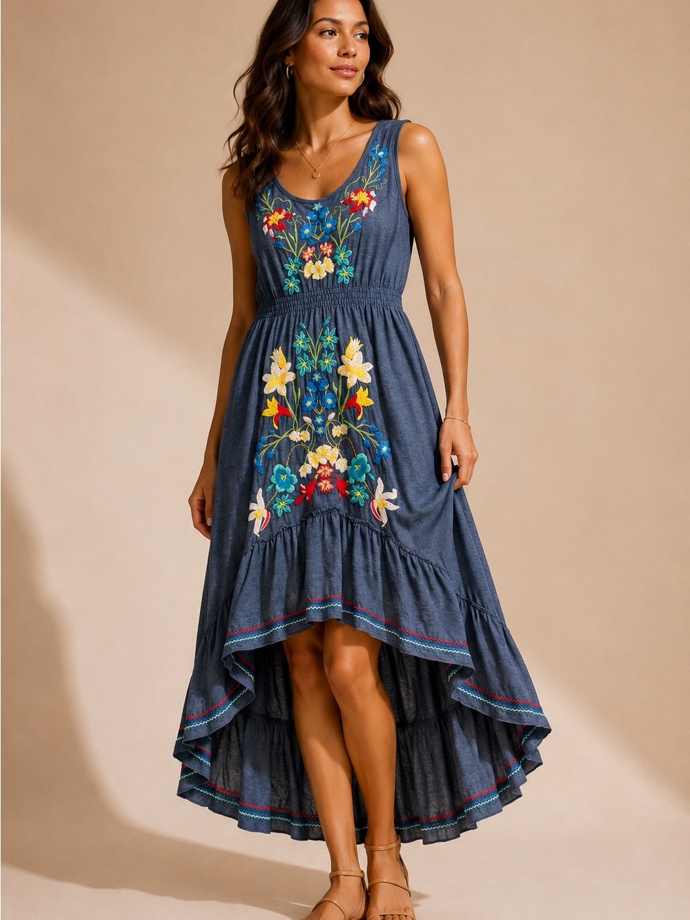 JW Los Angeles Embroidered Floral High Low Maxi Dress Boho Western Small